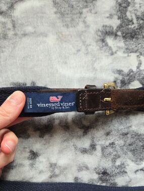 Vineyard Vines Navy Fabric and Brown Leather Belt with Pink Whale Logo